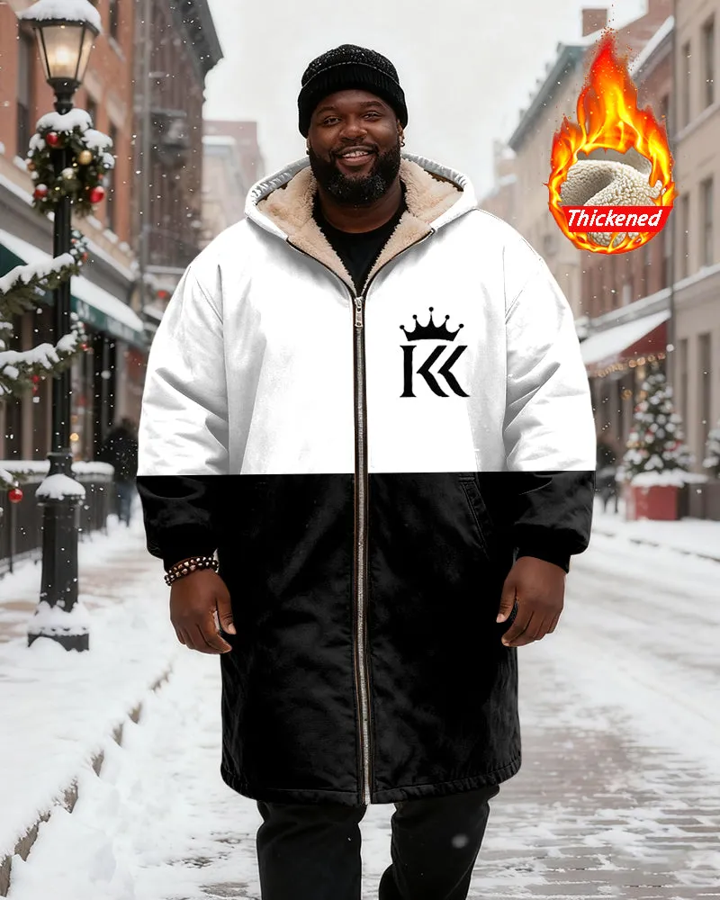 Big & Tall Men's Black And White Bump Color With Crown Letter Printed Velvet Padded Long Hooded Coat sold by Biggmans