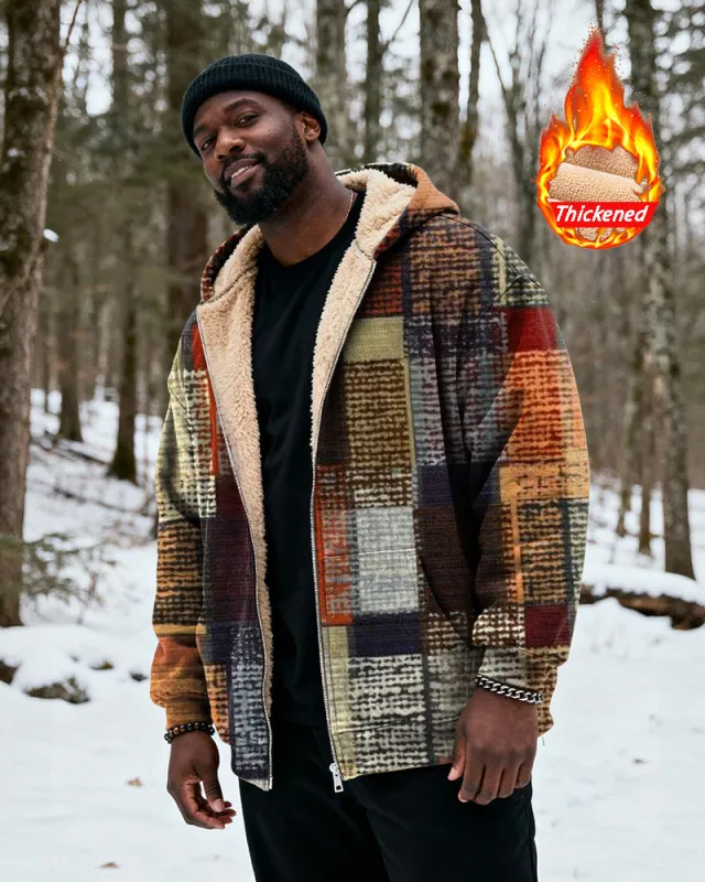 Big & Tall Men's Vintage Multicolor Plaid Print Velvet Thickened Zipper Hoodie sold by Biggmans