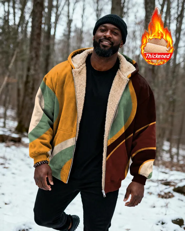 Big & Tall Men's Yellow Brown Green Contrast Curved Printed Velvet Thickened Zipper Hoodie sold by Biggmans