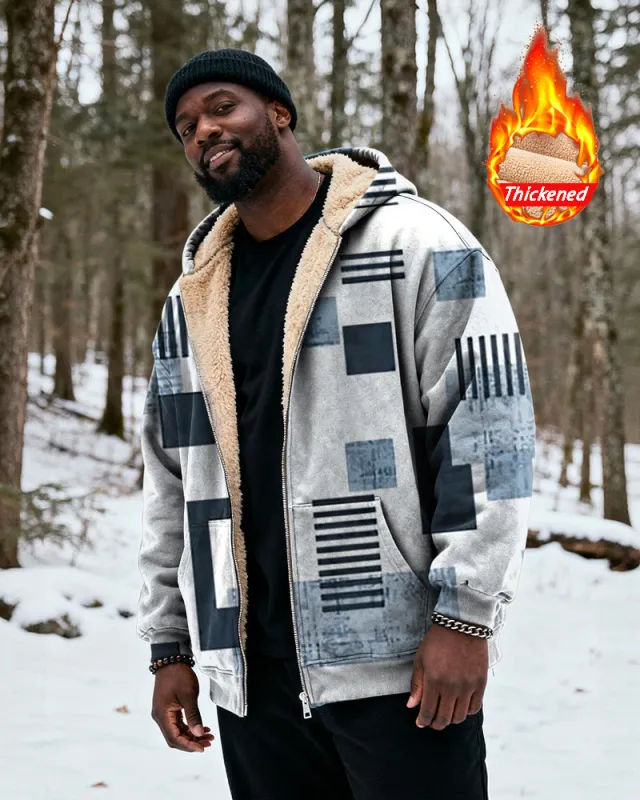 Big & Tall Men's Blue Square Gradient Print Velvet Thickened Zipper Hoodie sold by Biggmans