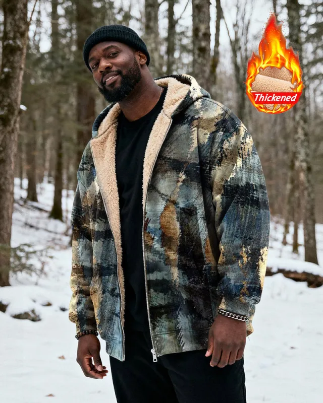 Big & Tall Men's Blue Brown Gold Abstract Textured Print Velvet Thickened Zip Hoodie sold by Biggmans