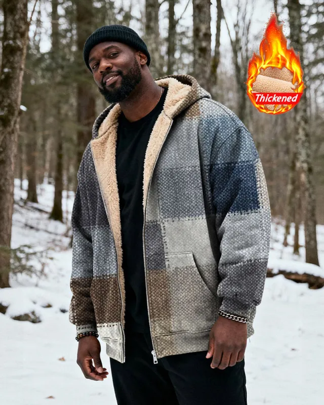 Big & Tall Men's Gray Brown Blue Plaid Stitching Printed Velvet Padded Zipper Hoodie sold by Biggmans