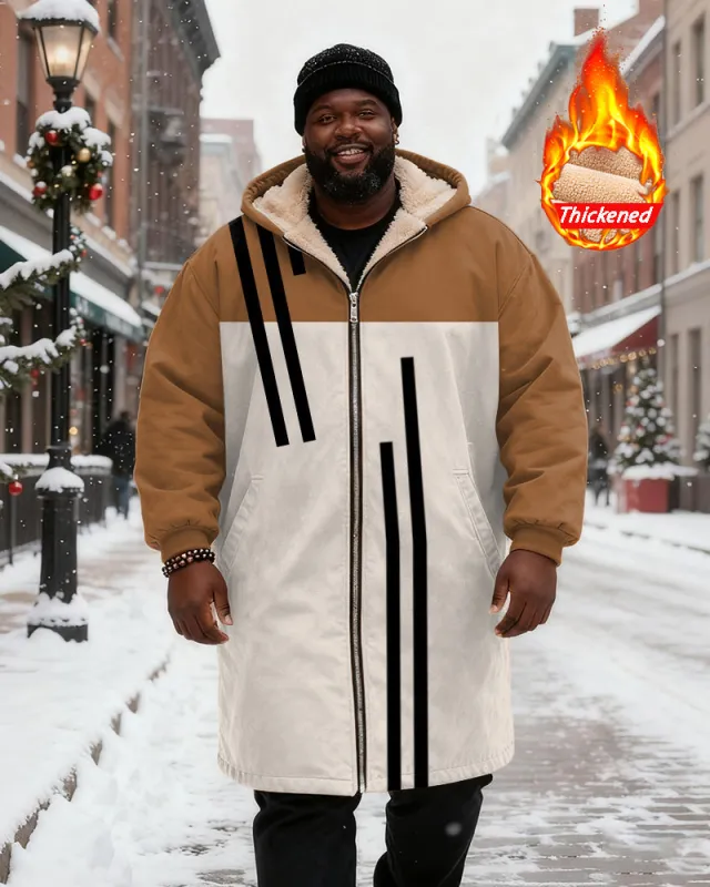 Big & Tall Men's Brown White Black Contrast Line Printed Velvet Thickened Long Hooded Coat sold by Biggmans
