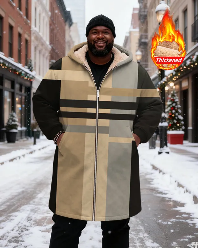 Big & Tall Men's Brown Black Grey Geometric Patchwork Printed Velvet Thickened Long Hooded Coat sold by Biggmans
