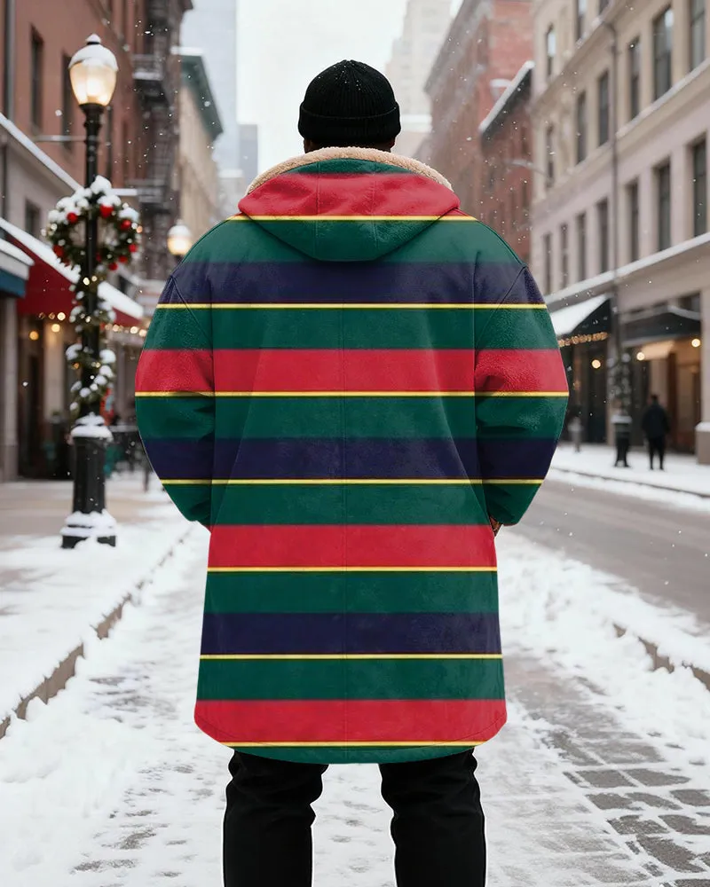 Big & Tall Men's Red, Green, Purple And Yellow Contrast Striped Printed Velvet Padded Long Hooded Coat sold by Biggmans product image thumbnail 3