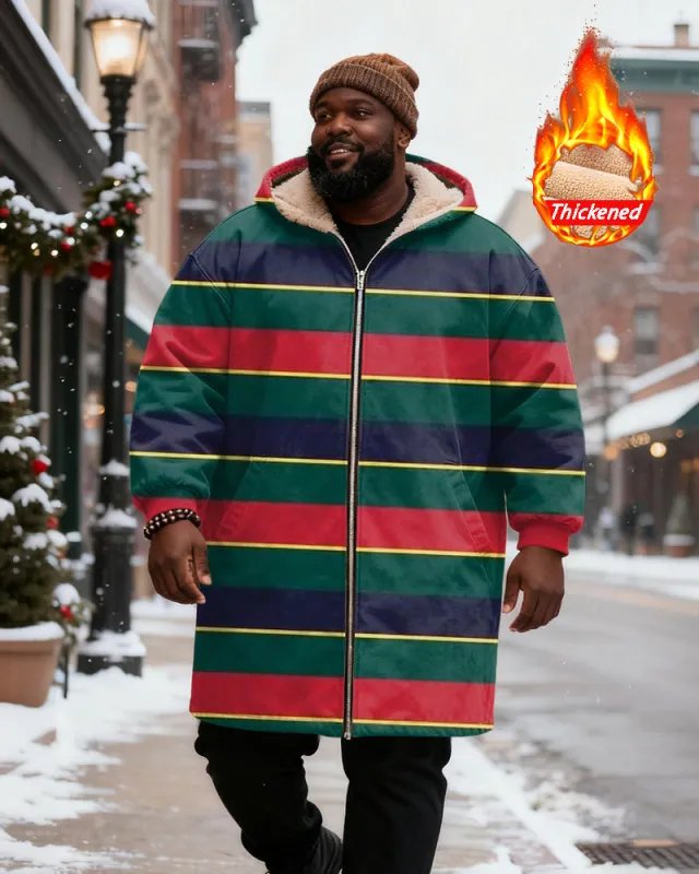 Big & Tall Men's Red, Green, Purple And Yellow Contrast Striped Printed Velvet Padded Long Hooded Coat sold by Biggmans