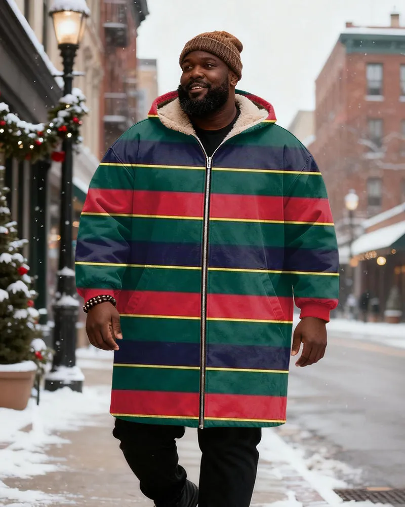 Big & Tall Men's Red, Green, Purple And Yellow Contrast Striped Printed Velvet Padded Long Hooded Coat sold by Biggmans product image thumbnail 2