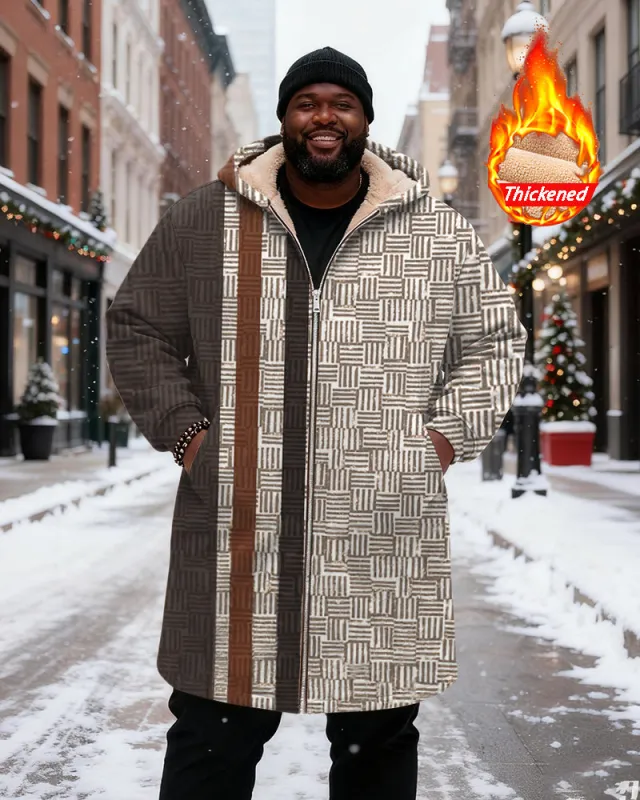 Big & Tall Men's Brown And White Woven Texture Patchwork Printed Velvet Thickened Long Hooded Coat sold by Biggmans