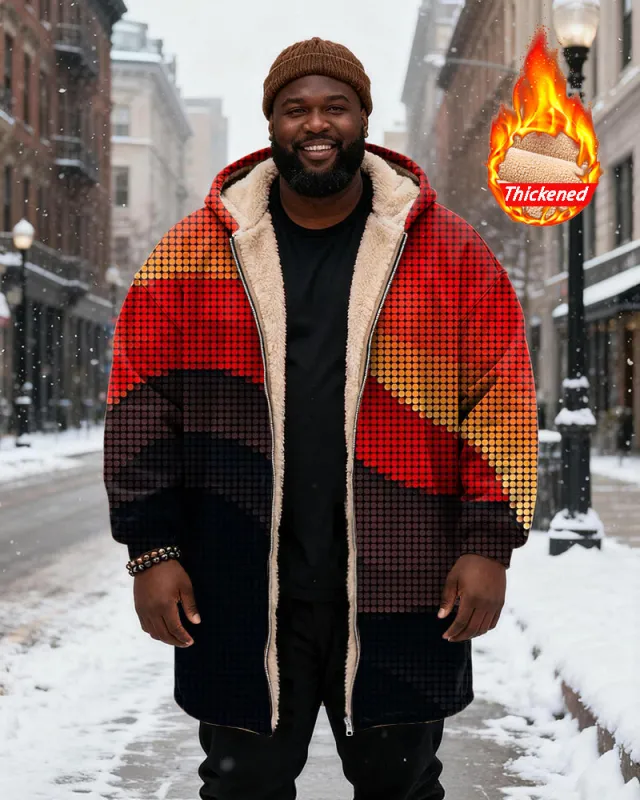 Big & Tall Men's Red Orange Brown Black Pixel Wind Contrast Color Printing Velvet Thickened Long Hooded Coat sold by Biggmans