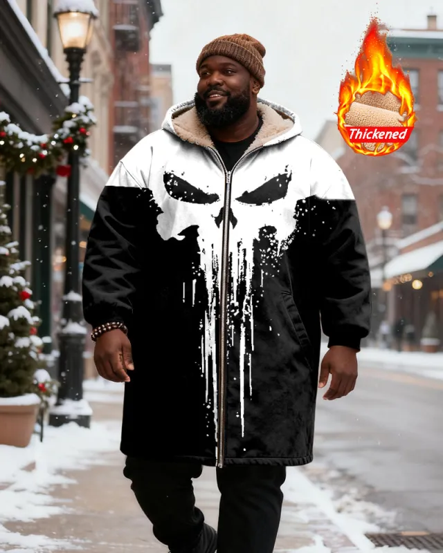 Big & Tall Men's Abstract Skull Print Velvet Thickened Long Hooded Coat sold by Biggmans