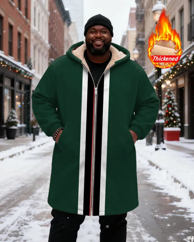 Big & Tall Men's Green Black White Red Contrast Striped Printed Velvet Thickened Long Hooded Coat sold by Biggmans