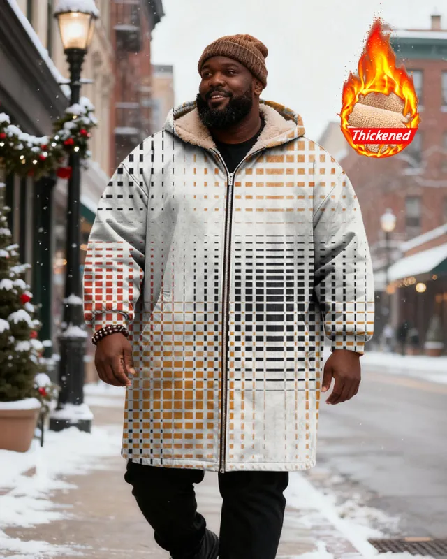 Big & Tall Men's White Brown Black Check Gradient Printed Velvet Padded Long Hooded Coat sold by Biggmans