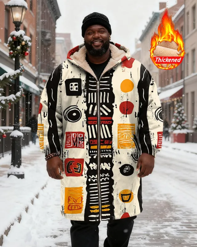Big & Tall Men's Black, White, Red And Yellow Abstract Geometric Printing Velvet Thickened Long Hooded Coat sold by Biggmans