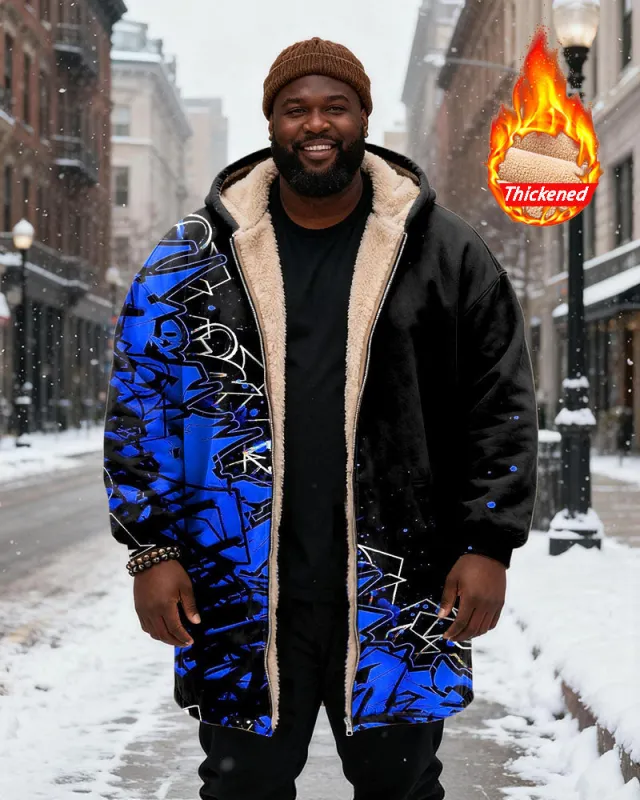 Big & Tall Men's Black And Blue Graffiti Print Velvet Thickened Long Hooded Coat sold by Biggmans