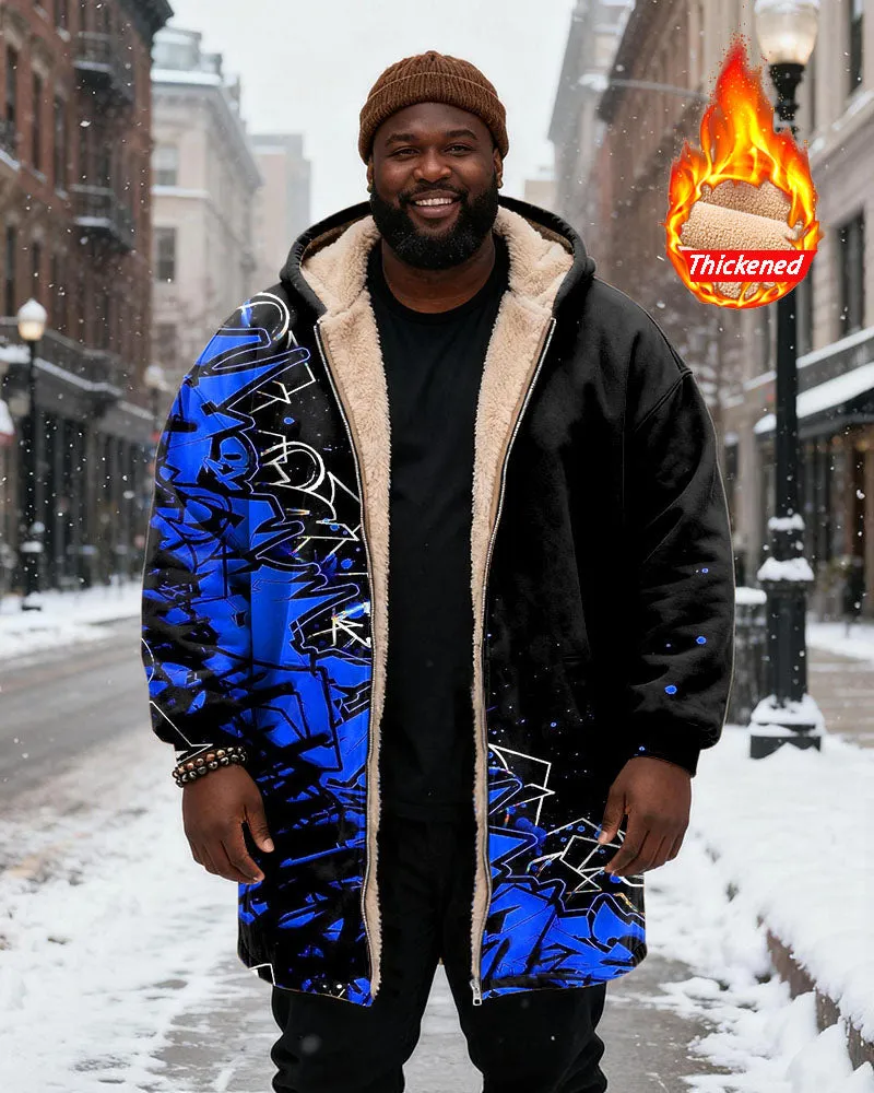 Big & Tall Men's Black And Blue Graffiti Print Velvet Thickened Long Hooded Coat sold by Biggmans