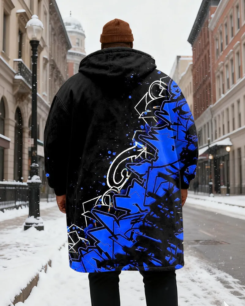 Big & Tall Men's Black And Blue Graffiti Print Velvet Thickened Long Hooded Coat sold by Biggmans product image thumbnail 3