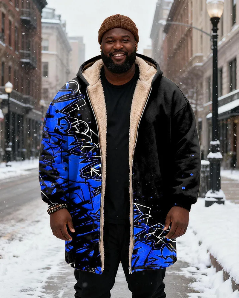 Big & Tall Men's Black And Blue Graffiti Print Velvet Thickened Long Hooded Coat sold by Biggmans product image thumbnail 2