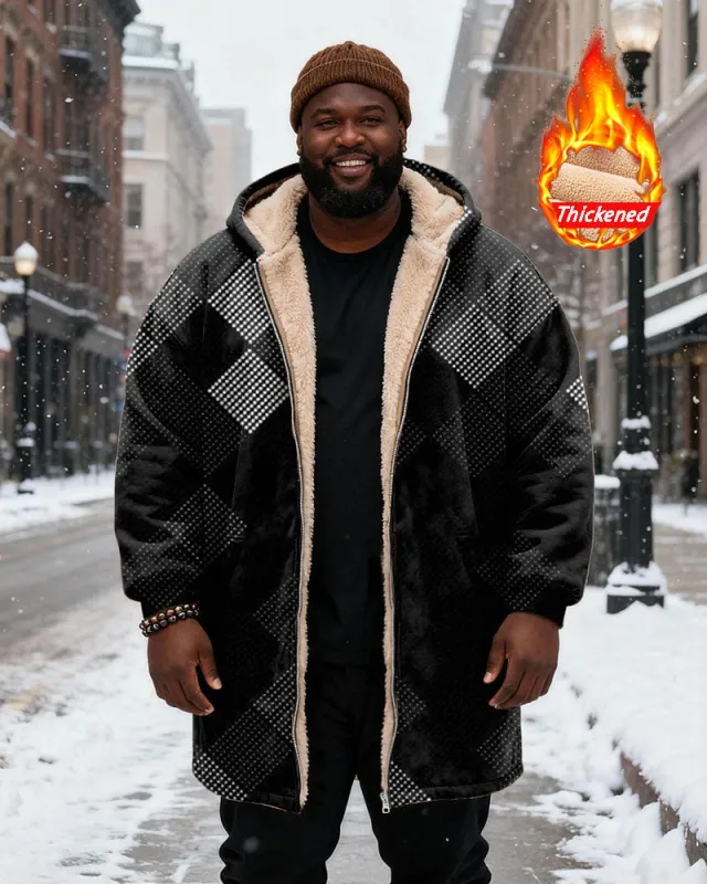 Big & Tall Men's Black White Dot Diamond Velvet Thickened Long Hooded Coat sold by Biggmans