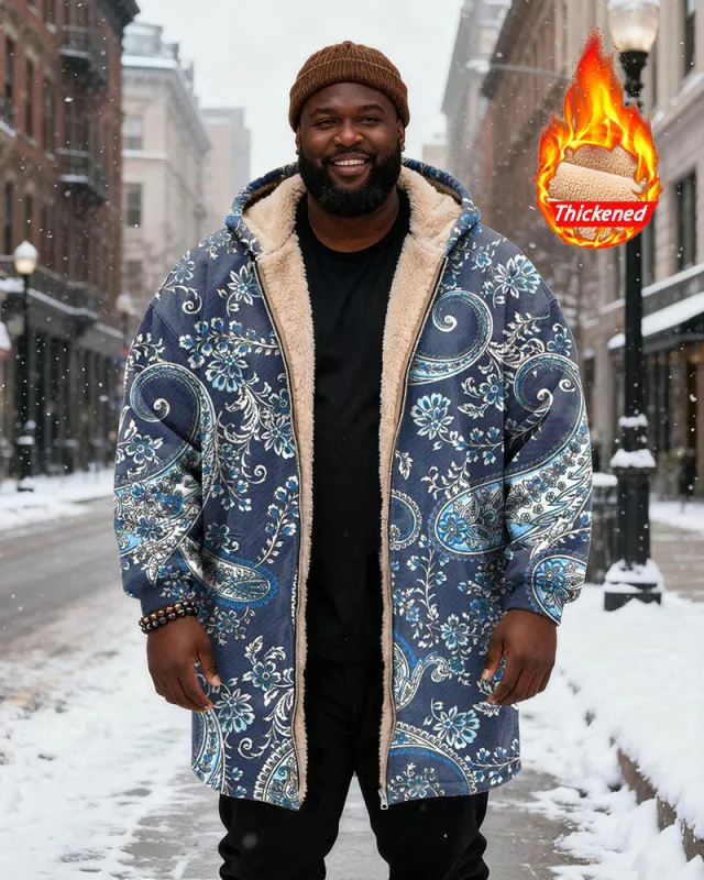 Big & Tall Men's Navy Blue And White Paisley Printed Velvet Padded Long Hooded Coat sold by Biggmans
