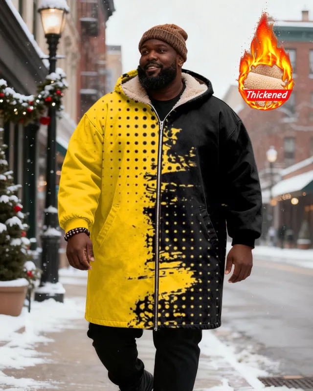 Big & Tall Men's Yellow And Black Dot Contrast Printed Velvet Padded Long Hooded Coat sold by Biggmans