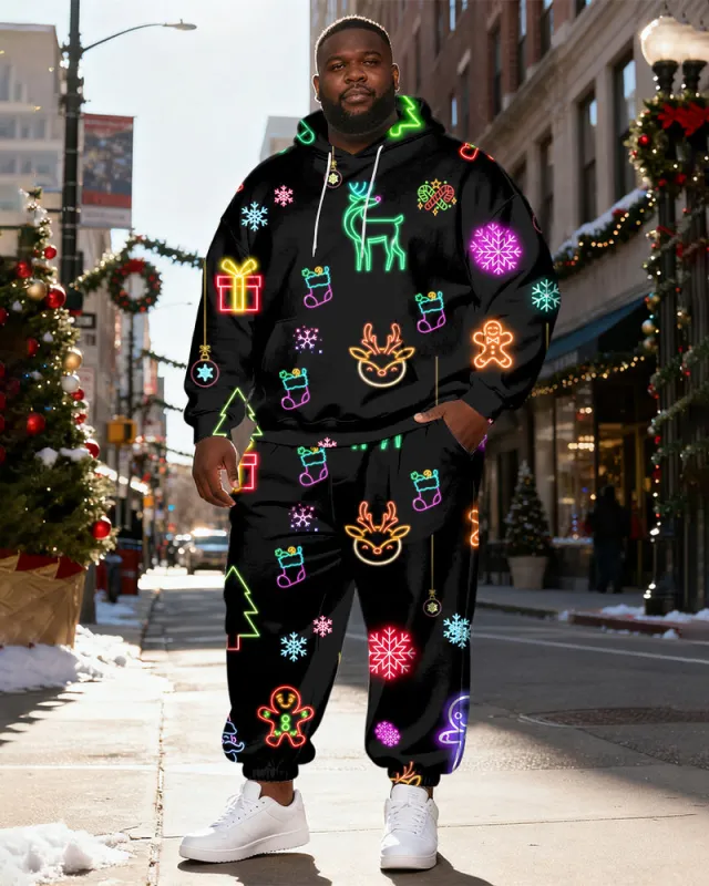 Big & Tall Men's Black Neon Christmas Print Hoodie Set sold by Biggmans