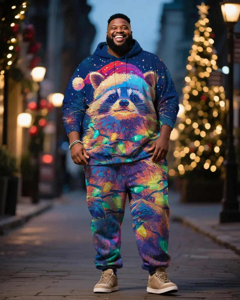 Big & Tall Men's Colorful Star Christmas Hat Raccoon Print Hoodie Set sold by Biggmans