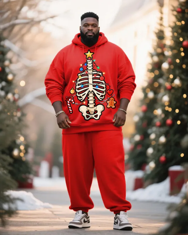 Big & Tall Men's Red Christmas Decoration Skull Skeleton Printed Hoodie Set sold by Biggmans