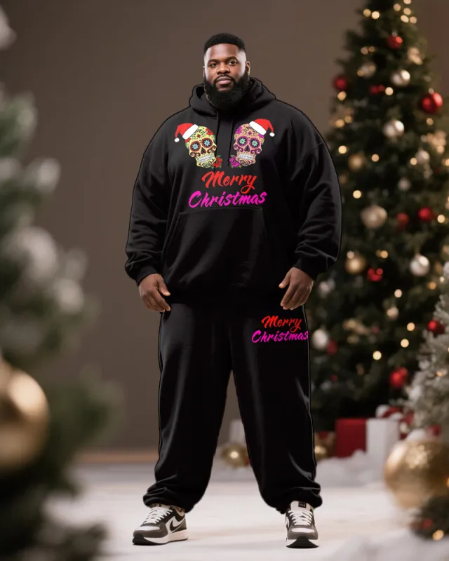 Big & Tall Men's Black Christmas Skull "Merry Christmas" Printed Hoodie Set sold by Biggmans