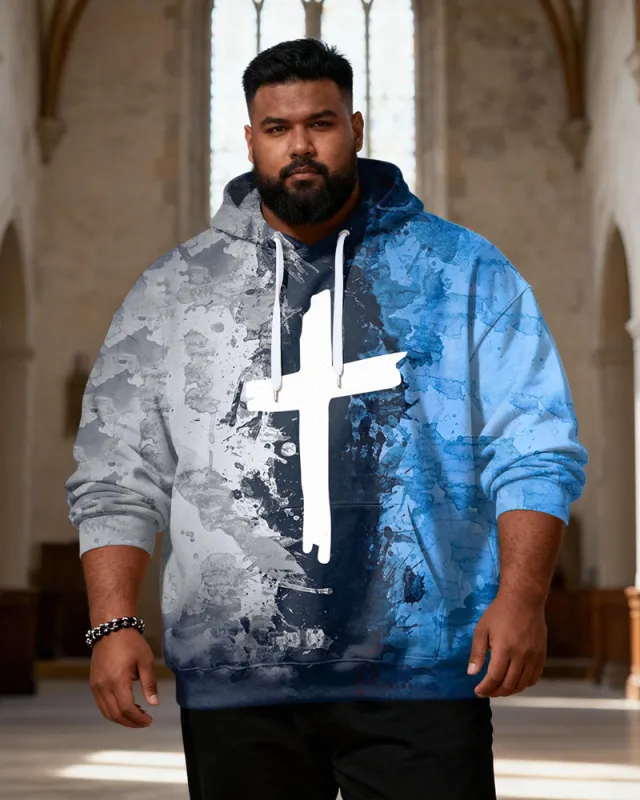 Big & Tall Men's Blue And Grey Ink Sink Cross-Print Hoodie sold by Biggmans
