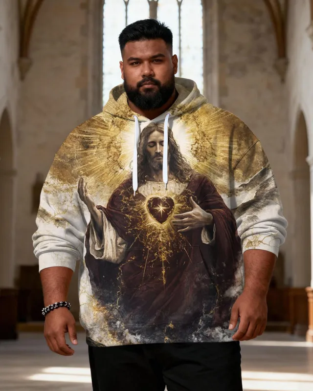 Big & Tall Men's Sacred Heart Jesus Vintage Print Hoodie sold by Biggmans