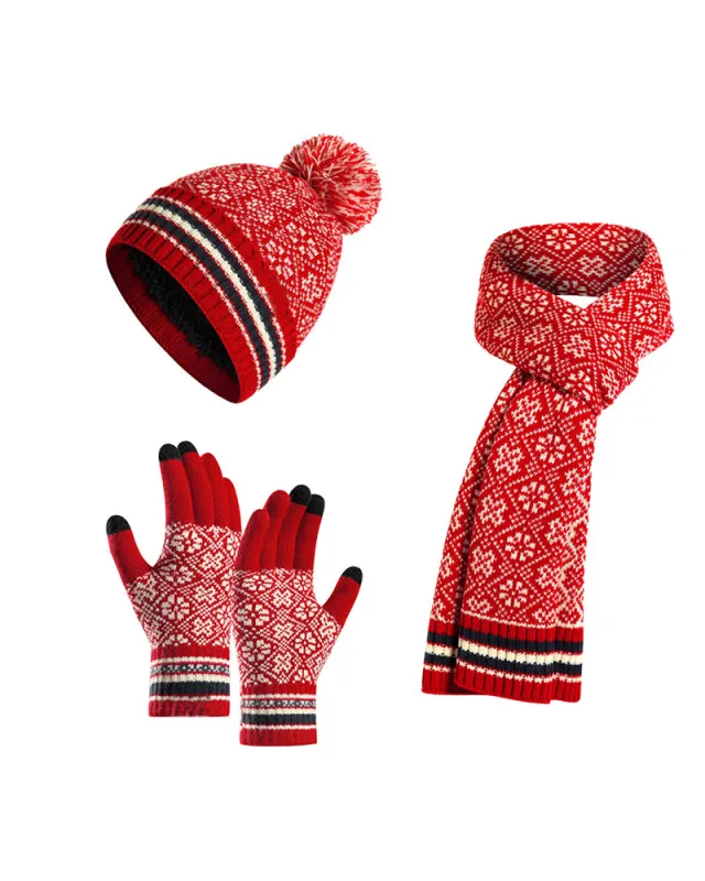 Knitted Retro Pattern Hat Thickened Scarf Touch Screen Gloves Three-piece Set sold by Biggmans