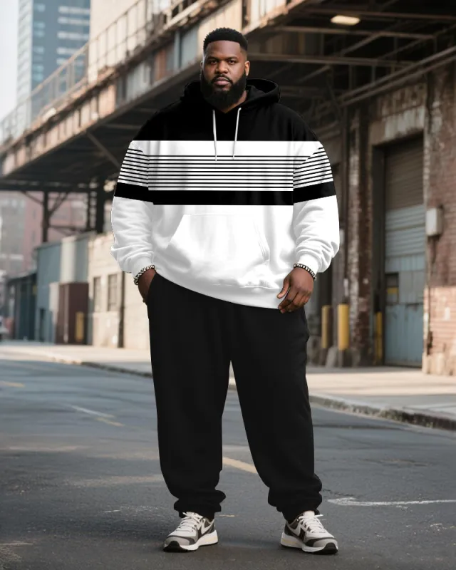 Big & Tall Men's Black And White Stripe Patchwork Printed Hoodie Set sold by Biggmans