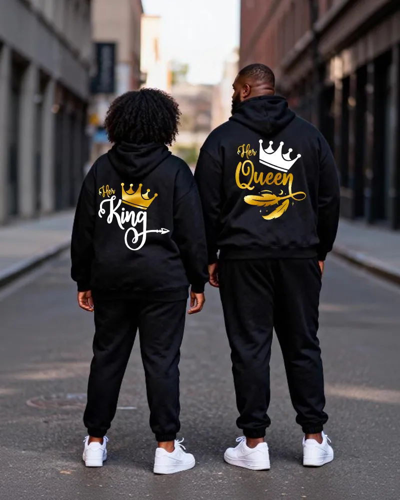 Big & Tall Couples Black Gold Crown "Her King & His Queen" Printed Hoodie Set sold by Biggmans