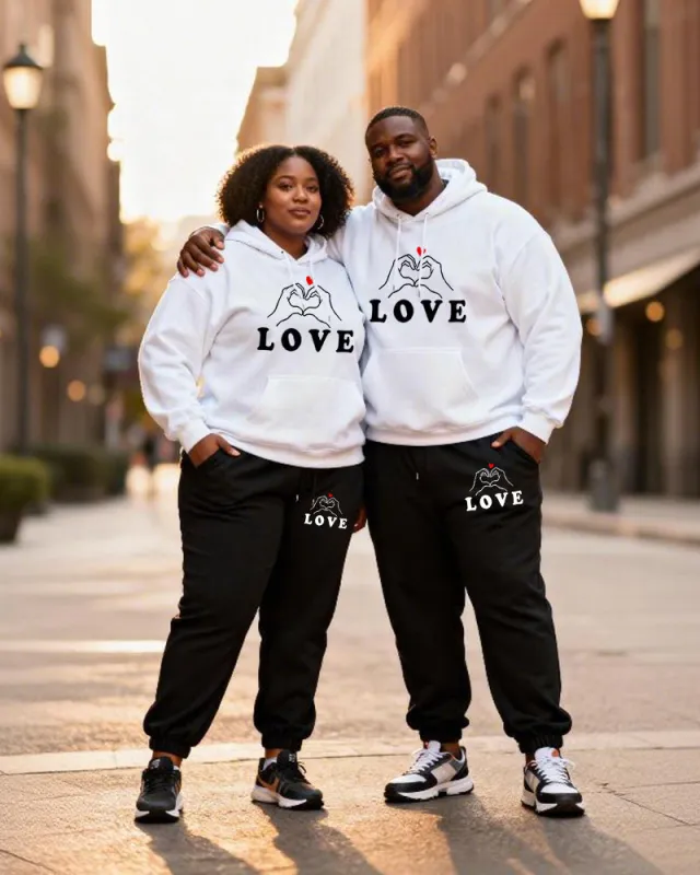 Big & Tall Couples Heart-to-Heart Gesture LOVE Printed Hoodie Set sold by Biggmans