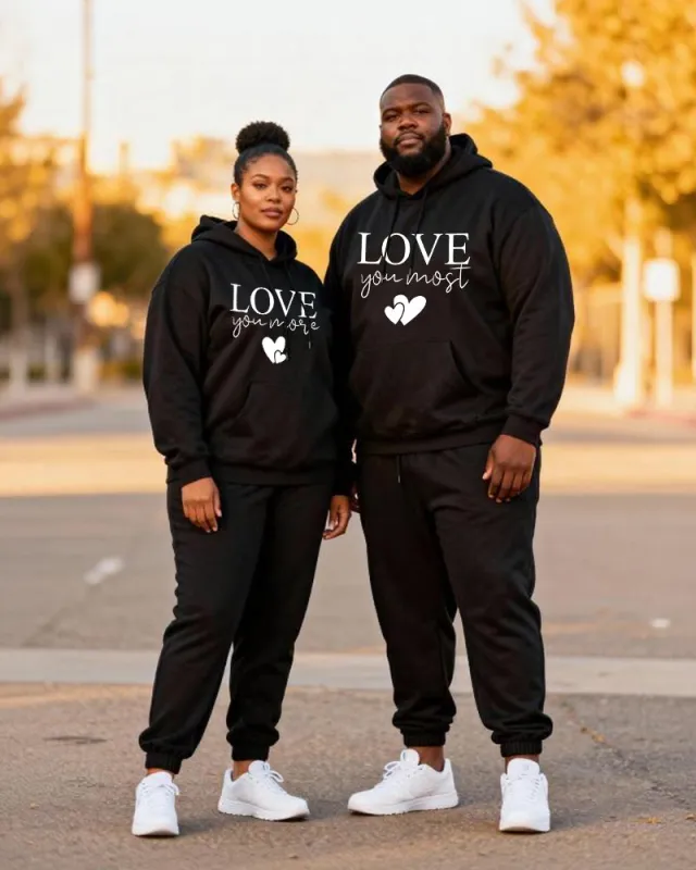 Big & Tall Couples "love You Most" Love Slogan Printed Hoodie Set sold by Biggmans