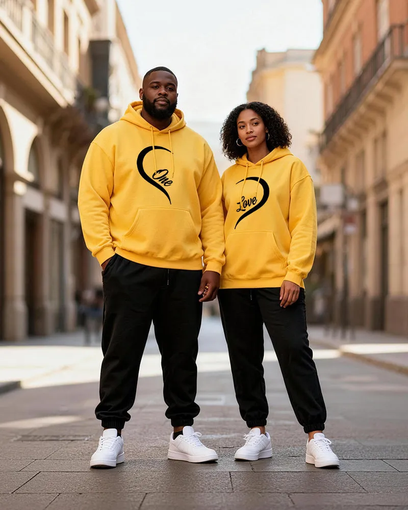 Big & Tall Couples "One & Love" Love Letter Yellow And Black Collision Printed Hoodie Set sold by Biggmans