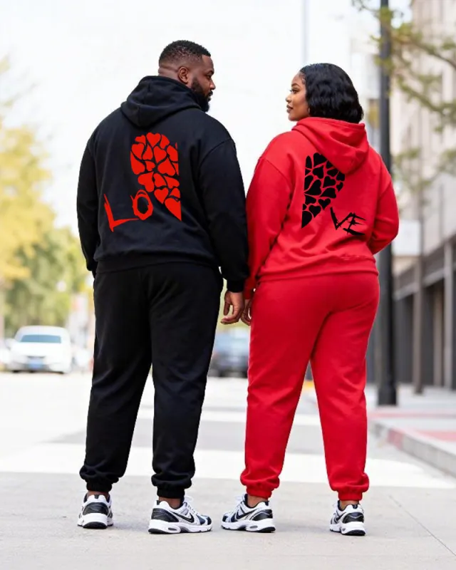 Big & Tall Couples Love LOVE Contrast Color Stitching Printed Hoodie Set sold by Biggmans