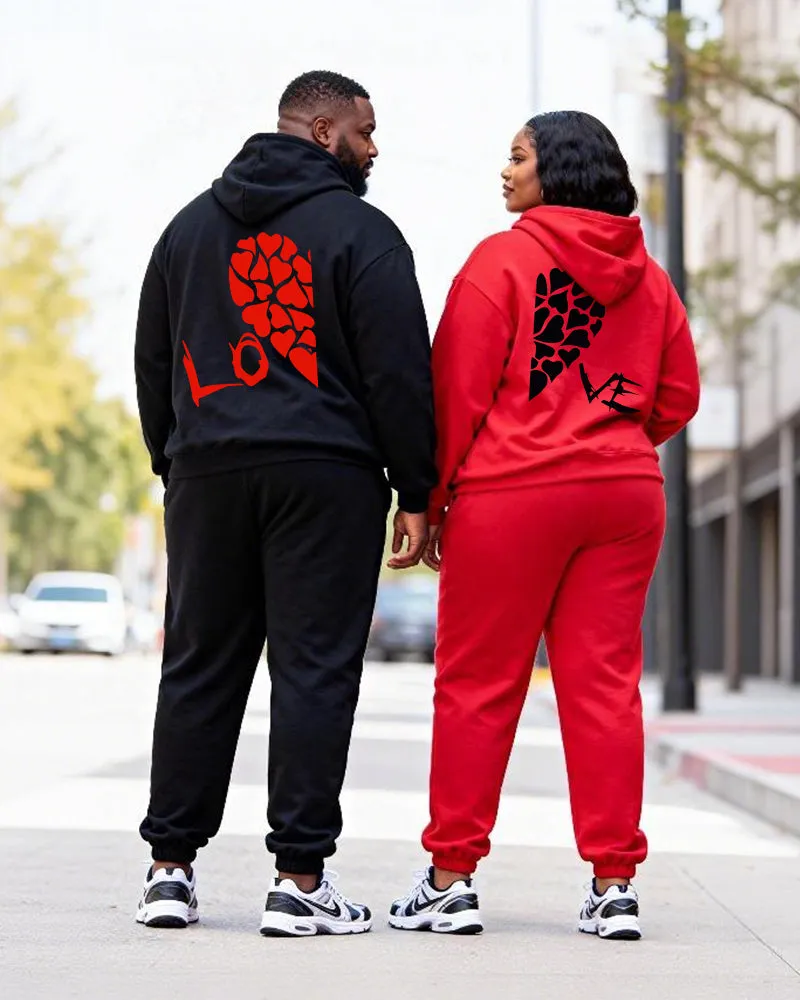 Big & Tall Couples Love LOVE Contrast Color Stitching Printed Hoodie Set sold by Biggmans