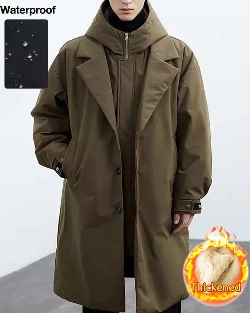 Mid-length Fake Two-piece Hooded Windbreaker Parker Warm Jacket M-6XL sold by Biggmans