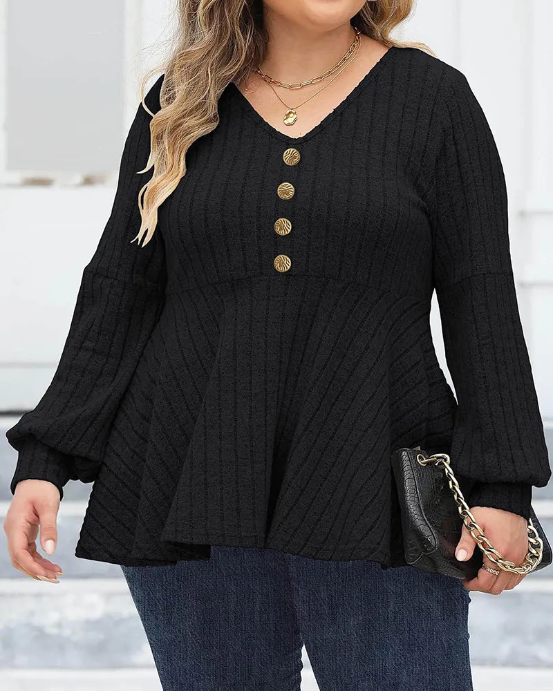 Women's Large Solid Color Striped V-neck Gold Button T-shirt L-5XL sold by Biggmans