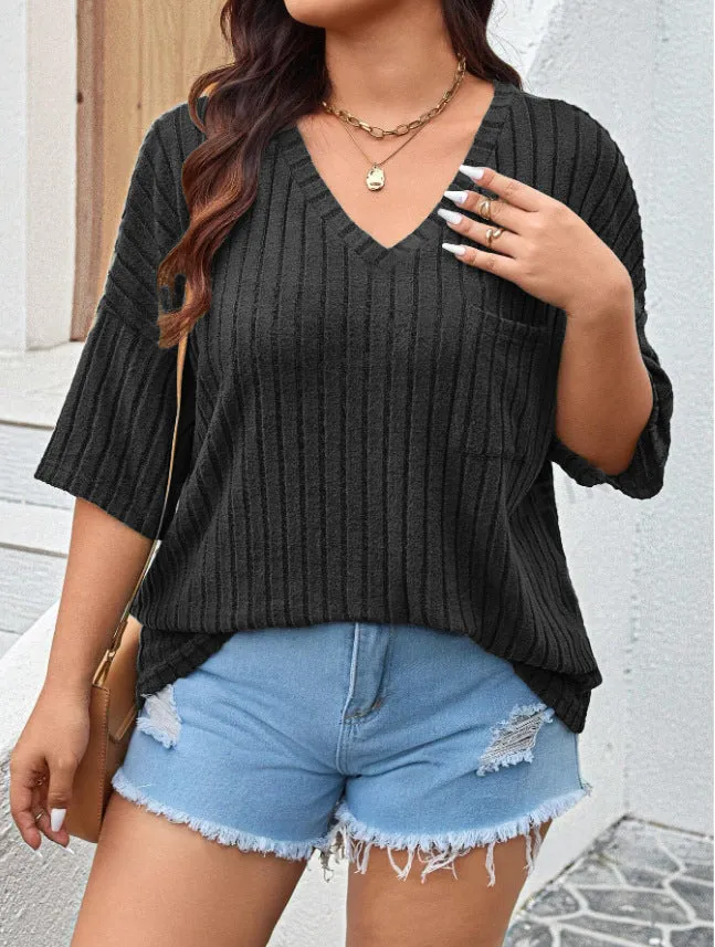 Women's Large Solid Color Striped V-neck Pocket Seven-sleeve T-shirt XL-5XL sold by Biggmans product image thumbnail 3