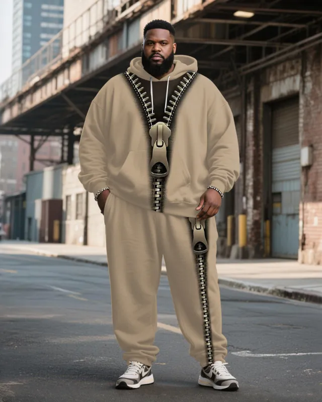 Big & Tall Men's Khaki Three-Dimensional Zipper Decorative Printed Hoodie Set sold by Biggmans