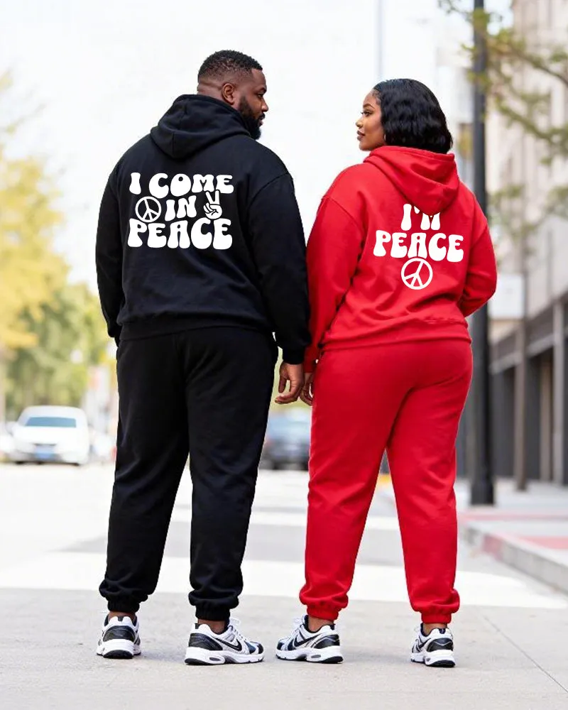 Big & Tall Couples Black And Red Contrast Color "Peace" Gesture Slogan Printed Hoodie Set sold by Biggmans
