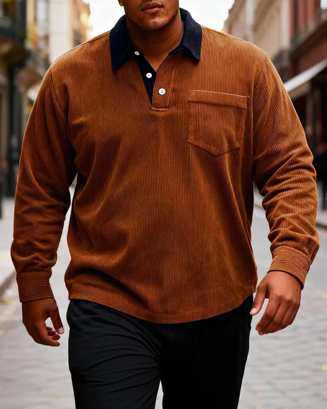 Big & Tall Men's Vintage Corduroy Button Pocket Colorblock Long Sleeve Polo S-5XL sold by Biggmans