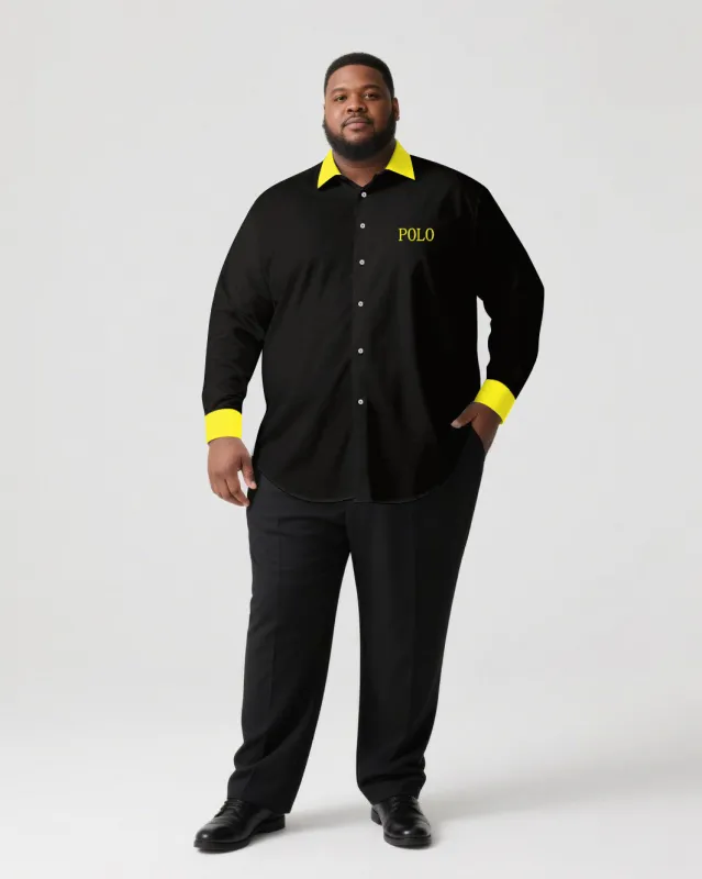 Men's Plus Size Casual Simple Black & Yellow Collar And Cuff Contrast Color Simple Long Sleeve Shirt Trousers Business Casual Suit made by Biggmans