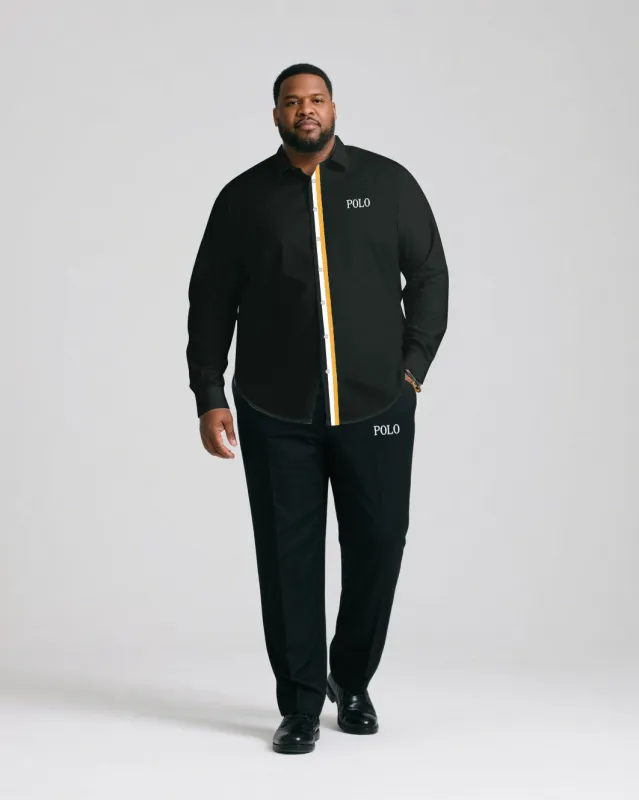 Men's Large Size Casual Simple Black & White & Yellow Line Cardigan Placket Color Contrast Simple Long Sleeve Shirt Trousers Business Casual Suit made by Biggmans