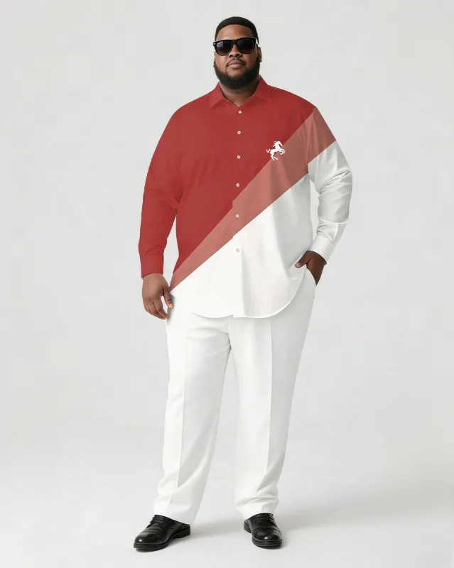 Men's Plus Size Casual Simple White & Black Pony Mark Printed Chest Long Sleeve Shirt Trousers Business Casual Suit made by Biggmans