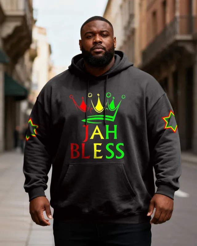 Big & Tall Men's "JAH BLESS" Green Yellow Red Crown Print Hoodie sold by Biggmans