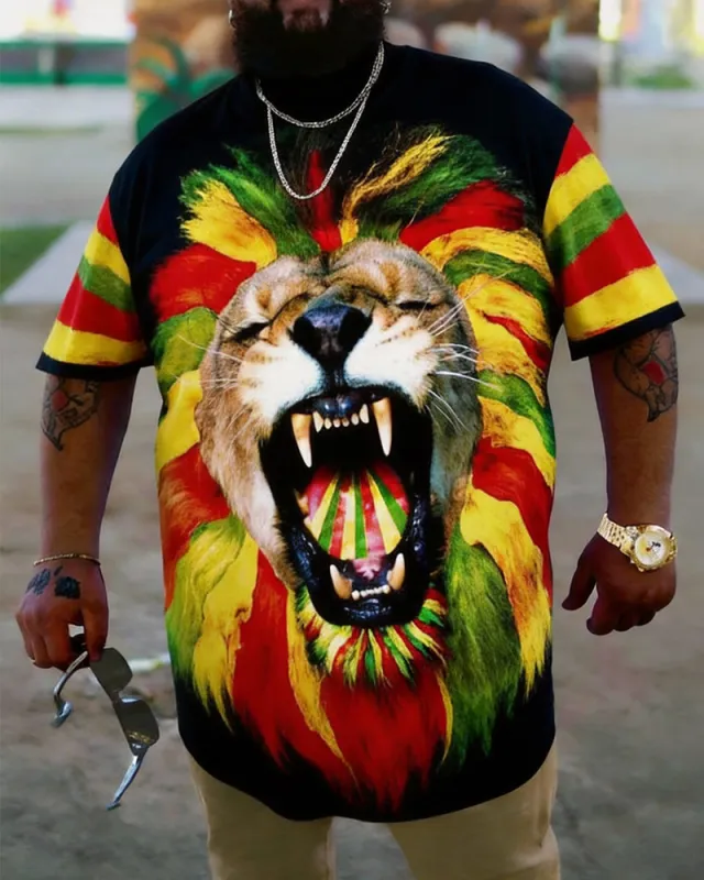 Big & Tall Men's Reggae Color Lion Head Printed Round Neck Short Sleeve T-Shirt sold by Biggmans