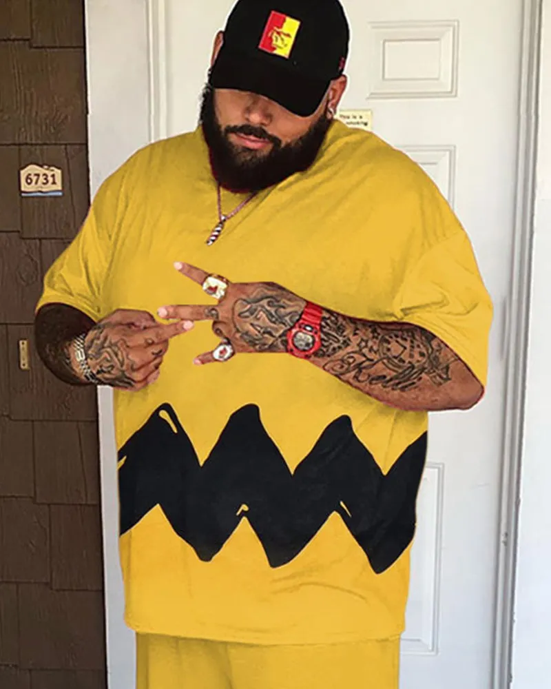 Big & Tall Men's Yellow Black Wave Print Round Neck Short Sleeve T-Shirt Shorts Set sold by Biggmans product image thumbnail 2